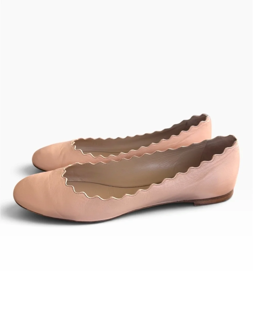 Chloé Lauren Scalloped Leather Ballet Flats Nude Beige Pink Size 38 Box Dustbag